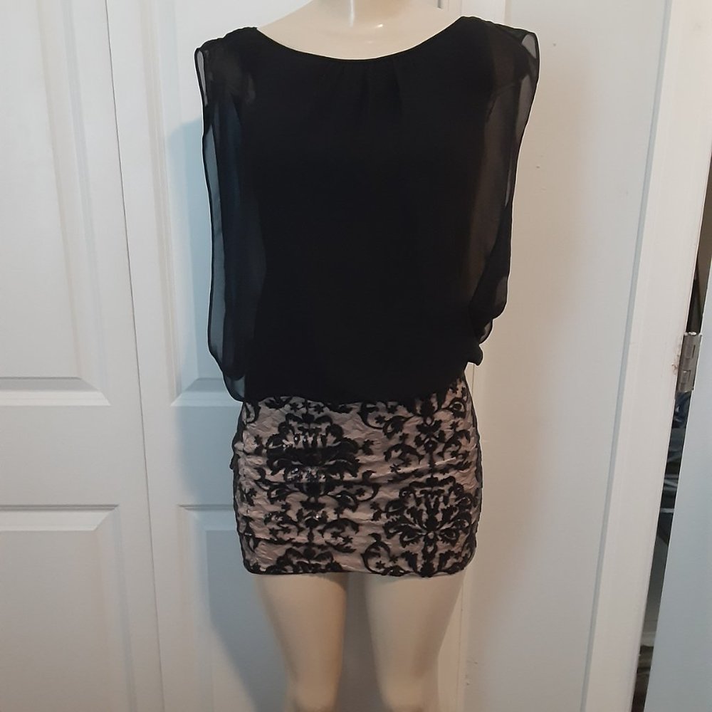 Aidan Mattox - Embroidered Chiffon Blouson Black/Nude Short Dress - Picture 3 of 14